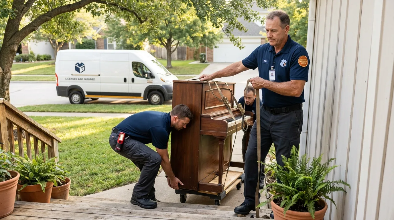 Licensed piano movers securing grand piano in Spencerville, OH