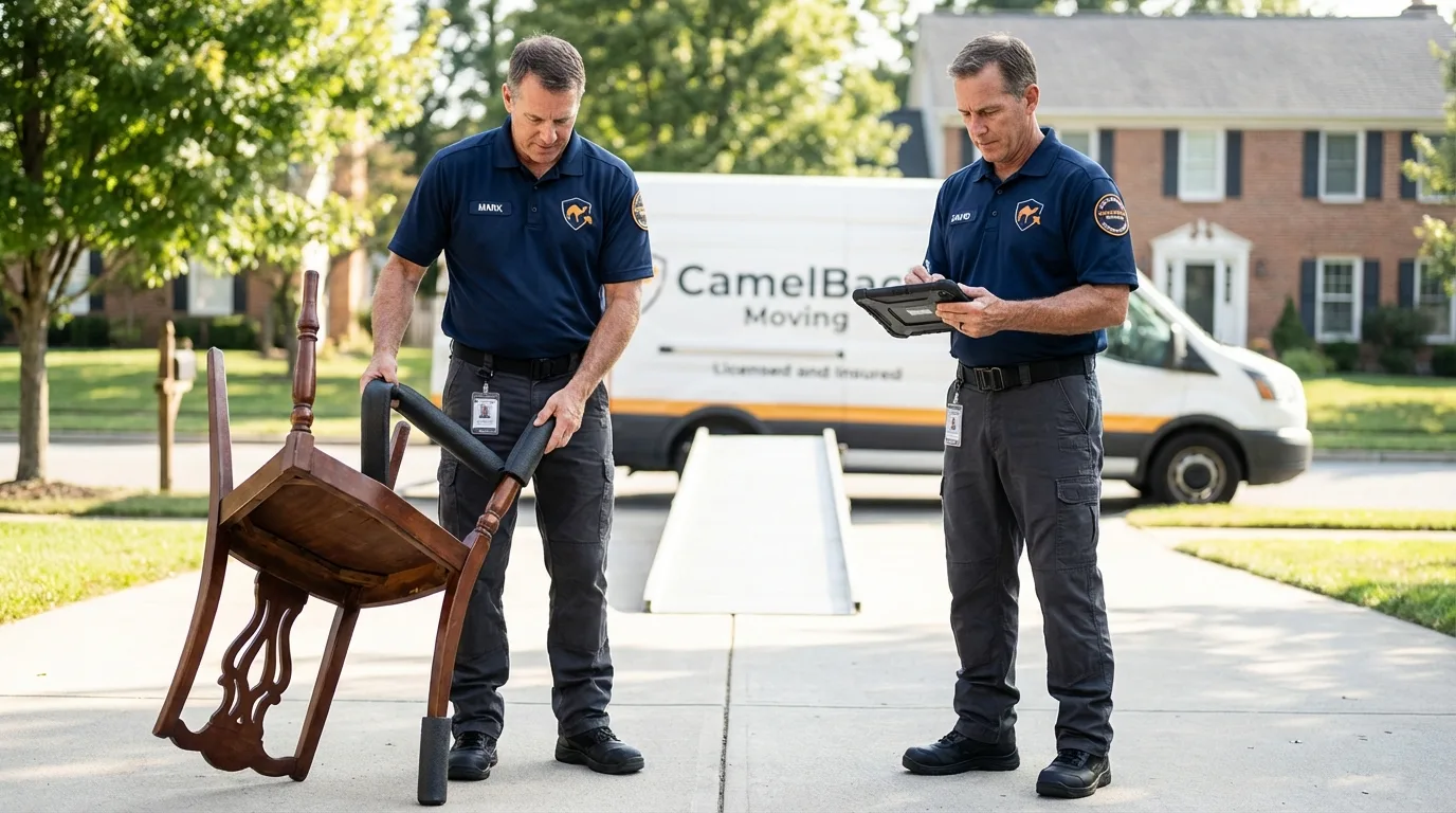 Movers inspecting furniture for damage prevention before loading in Spencerville, OH