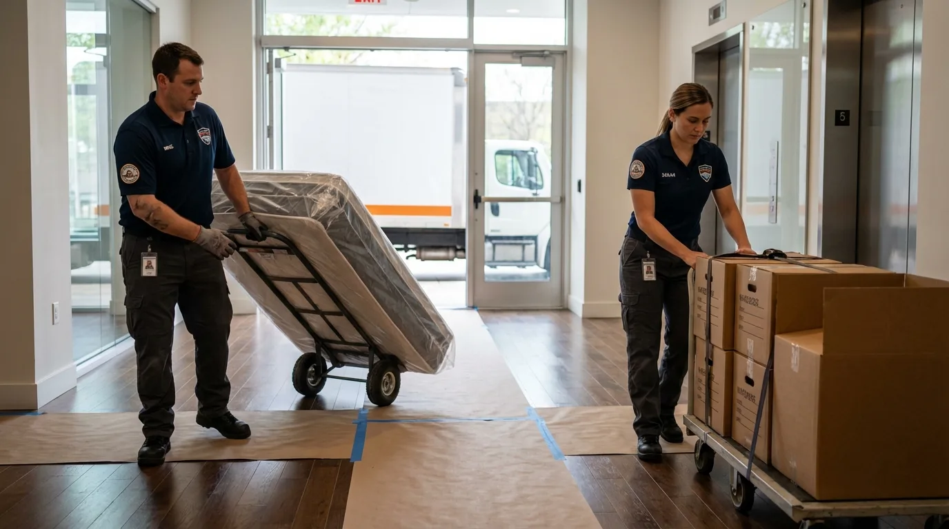 Professional apartment movers loading elevator in Spencerville, OH